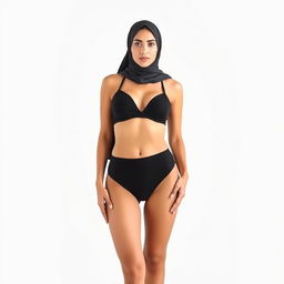A full-body portrait of a Persian woman wearing an elegant black bikini and a fashionable hijab, confidently posed against a pristine white background