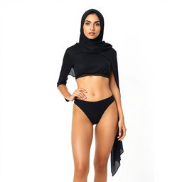 A full-body portrait of a Persian woman wearing an elegant black bikini and a fashionable hijab, confidently posed against a pristine white background