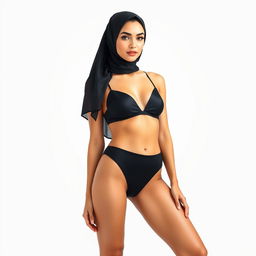 A full-body portrait of a Persian woman wearing an elegant black bikini and a fashionable hijab, confidently posed against a pristine white background
