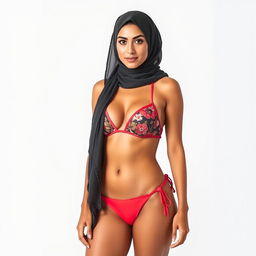 A full-body portrait of a Persian woman wearing a fashionable bikini and a stylish hijab, confidently positioned against a clean white background