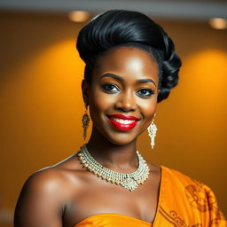 A stunning portrait of a 25-year-old Nigerian woman dressed elegantly, showcasing her traditional attire that blends modern fashion with cultural elements