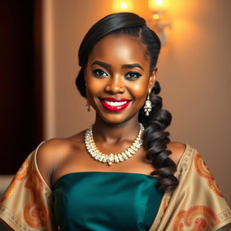 A stunning portrait of a 25-year-old Nigerian woman dressed elegantly, showcasing her traditional attire that blends modern fashion with cultural elements