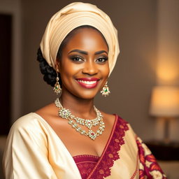 A stunning portrait of a 25-year-old Nigerian woman dressed elegantly, showcasing her traditional attire that blends modern fashion with cultural elements