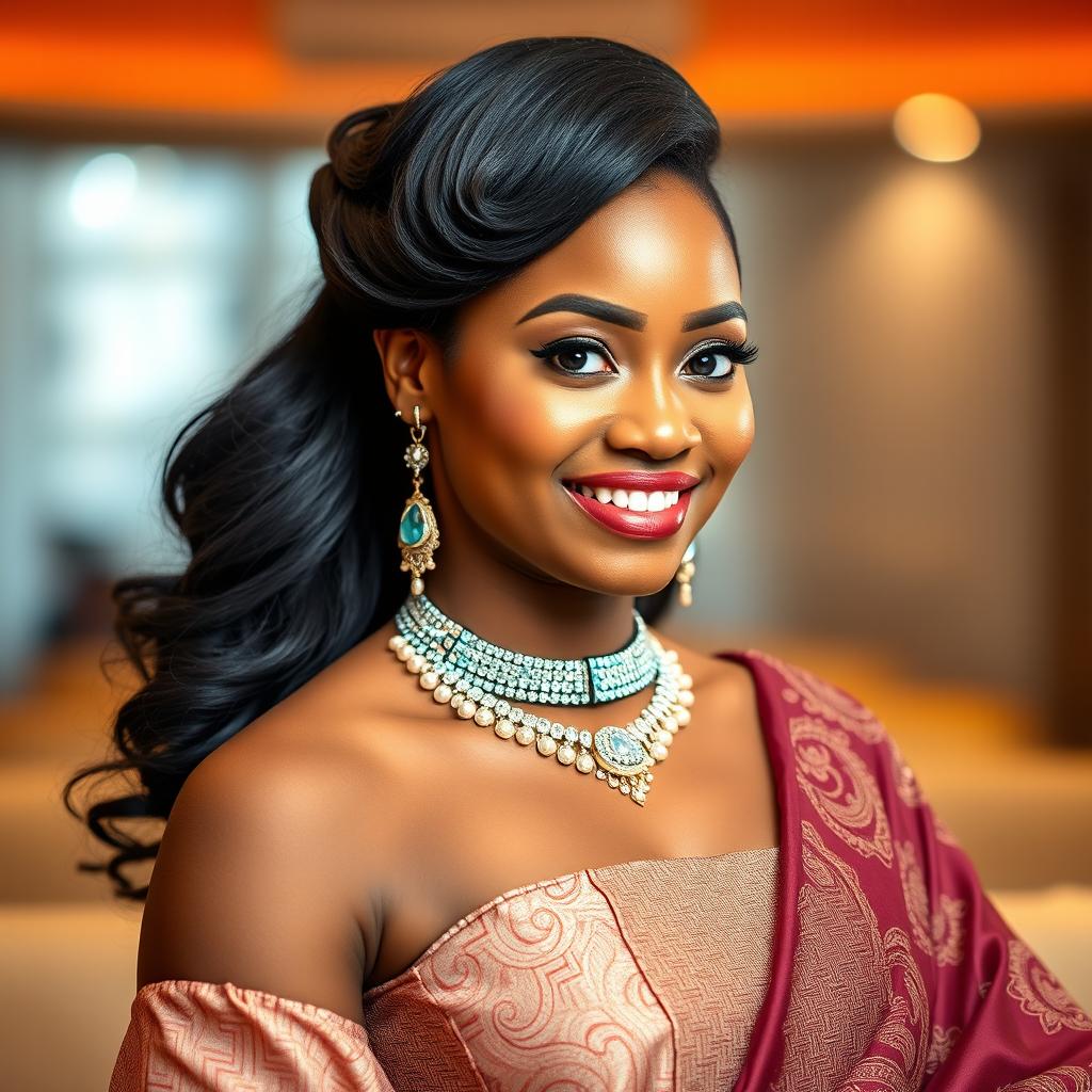 A stunning portrait of a 25-year-old Nigerian woman dressed elegantly, showcasing her traditional attire that blends modern fashion with cultural elements