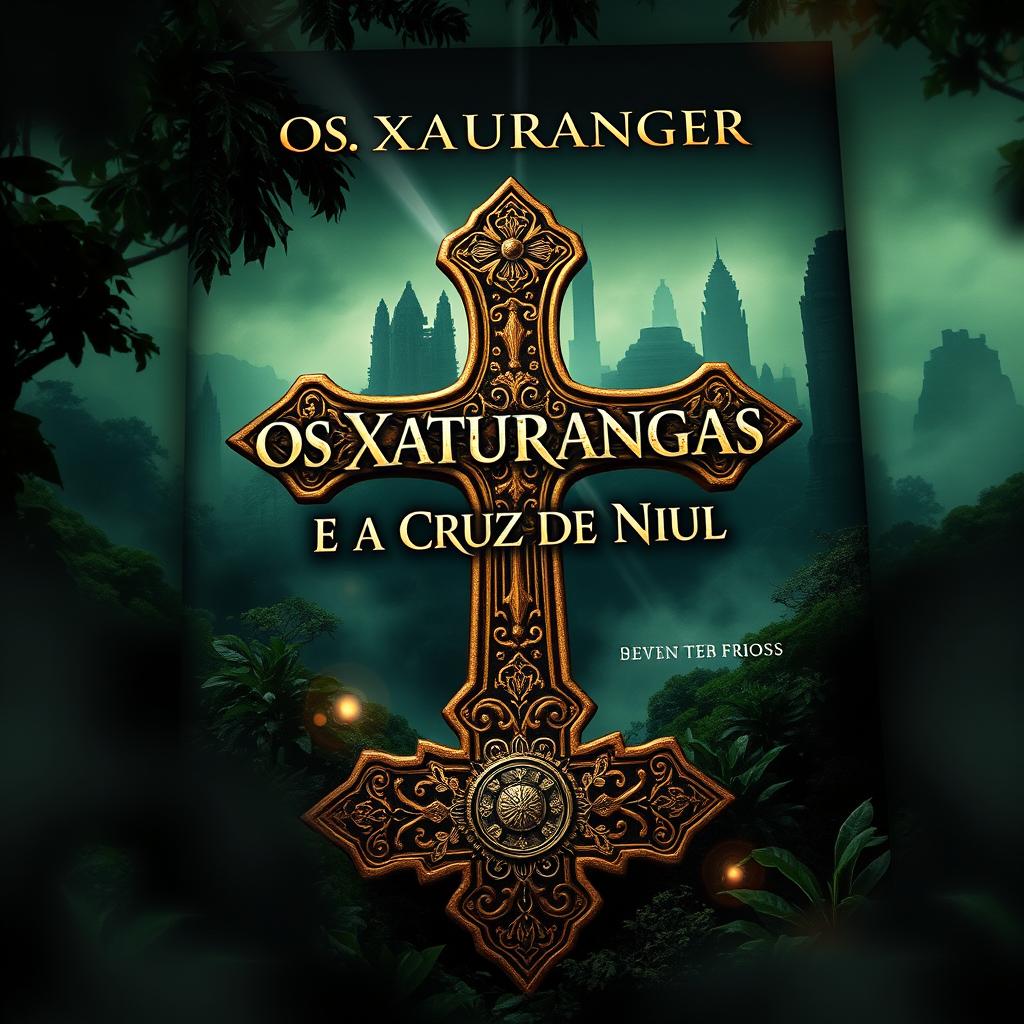 A captivating book cover design for 'OS XATURANGAS E A CRUZ DE NIUL', featuring a mystical and ancient setting