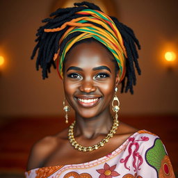 A stunning portrait of a 25-year-old Nigerian woman with striking Rastafarian hair, dressed elegantly in a beautiful outfit that reflects her cultural heritage