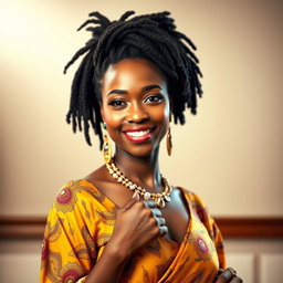 A stunning portrait of a 25-year-old Nigerian woman with striking Rastafarian hair, dressed elegantly in a beautiful outfit that reflects her cultural heritage