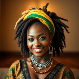 A stunning portrait of a 25-year-old Nigerian woman with striking Rastafarian hair, dressed elegantly in a beautiful outfit that reflects her cultural heritage