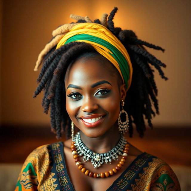 A stunning portrait of a 25-year-old Nigerian woman with striking Rastafarian hair, dressed elegantly in a beautiful outfit that reflects her cultural heritage