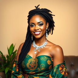 A stunning portrait of a 25-year-old Nigerian woman with striking Rastafarian hair, dressed elegantly in a beautiful outfit that reflects her cultural heritage