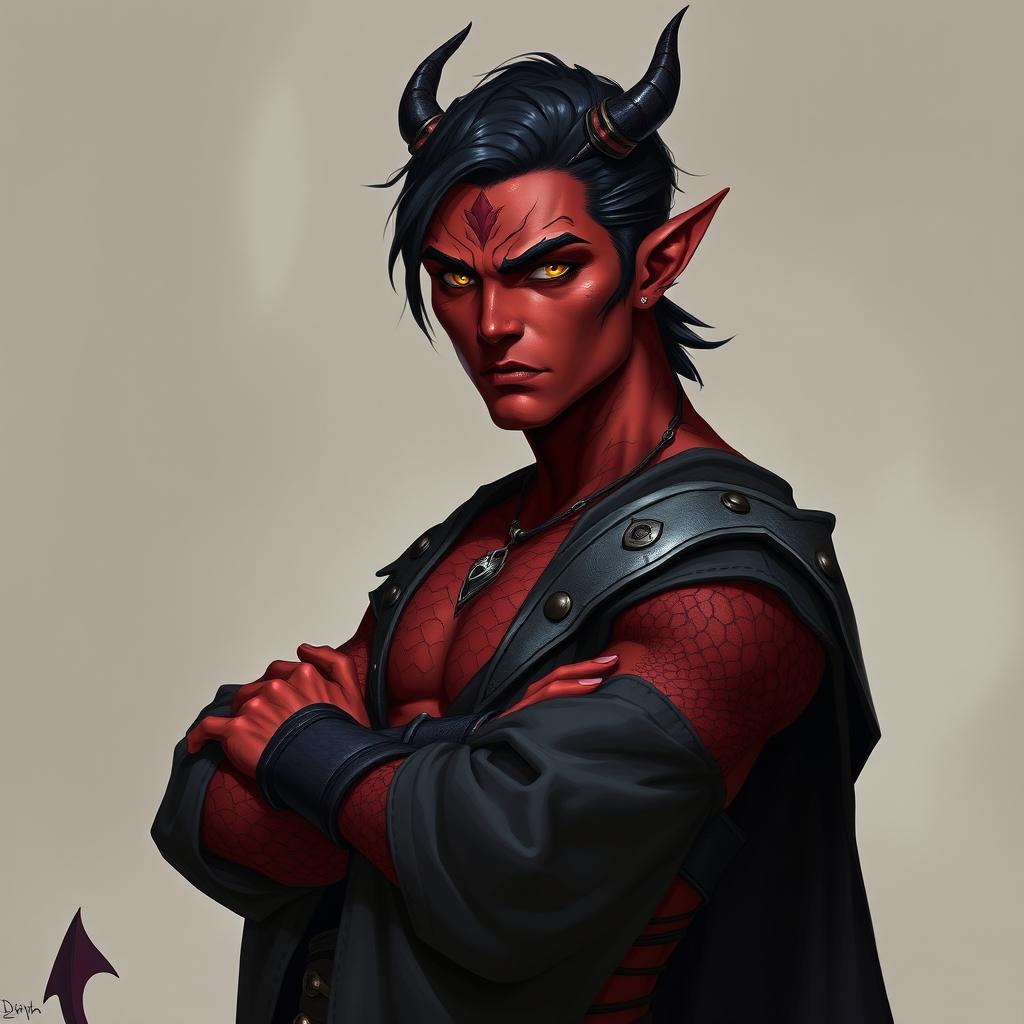 A male tiefling battle warlock character in a relaxed cocky stance, looking serious