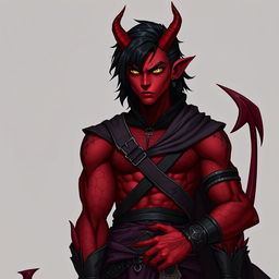 A male tiefling battle warlock character in a relaxed cocky stance, looking serious