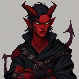 A male tiefling battle warlock character in a relaxed cocky stance, looking serious