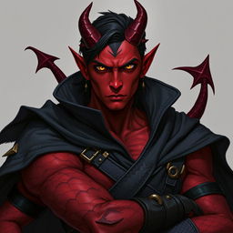 A male tiefling battle warlock character in a relaxed cocky stance, looking serious