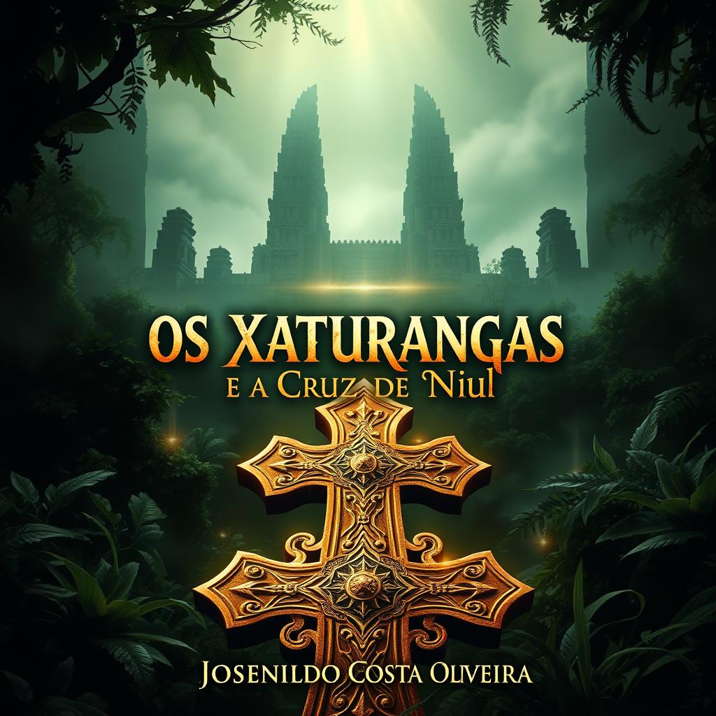 A captivating book cover design for 'OS XATURANGAS E A CRUZ DE NIUL' by author Josenildo Costa Oliveira, featuring a mystical and ancient setting