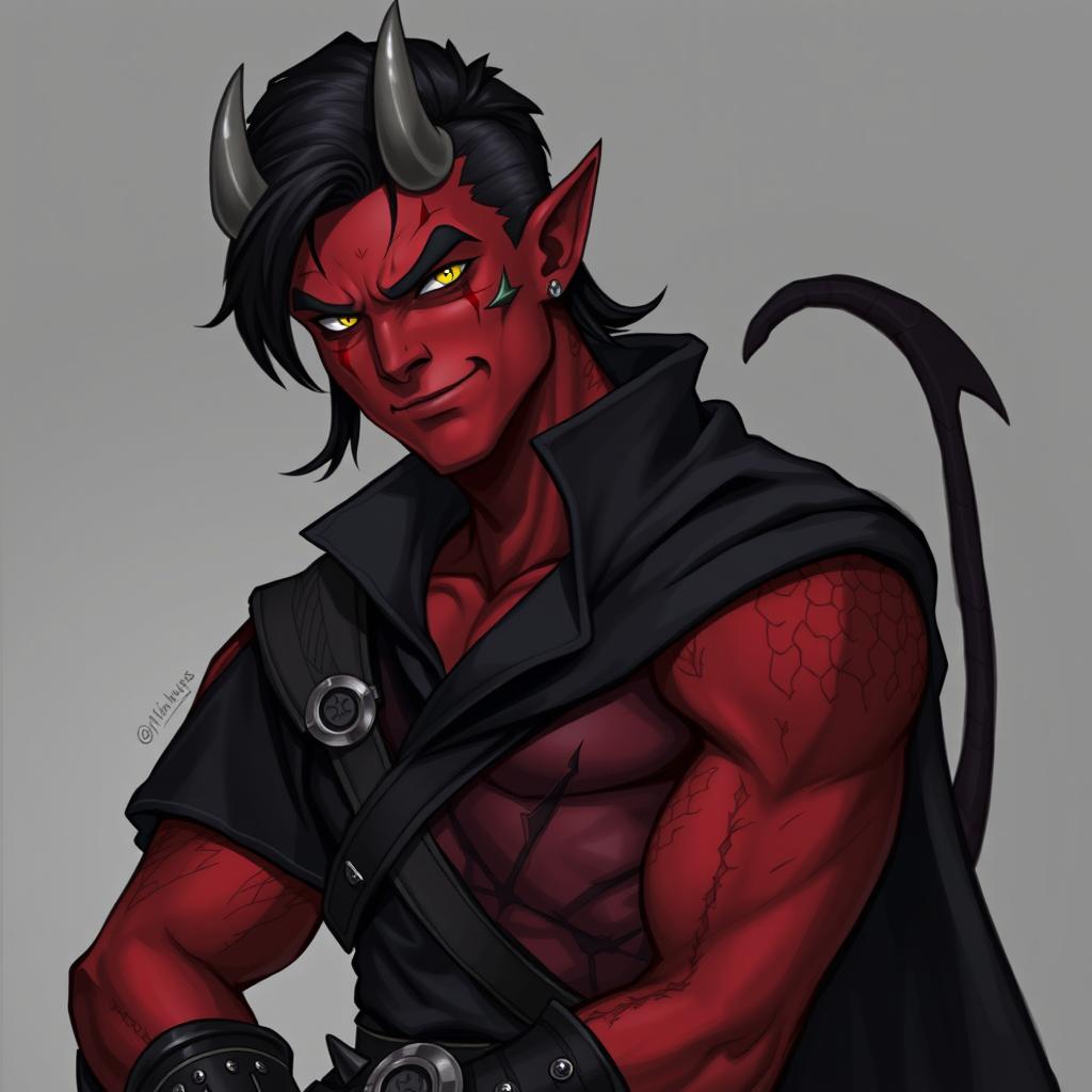 A male tiefling battle warlock character in a relaxed cocky stance, wearing a confident smirk