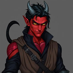 A male tiefling battle warlock character in a relaxed cocky stance, wearing a confident smirk