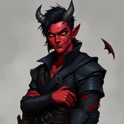 A male tiefling battle warlock character in a relaxed cocky stance, wearing a confident smirk