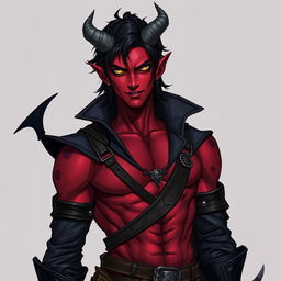 A male tiefling battle warlock character in a relaxed cocky stance, wearing a confident smirk