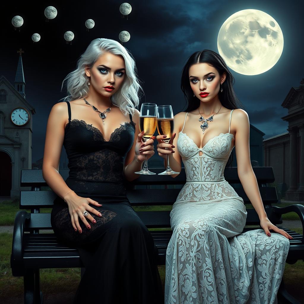 A Salvador Dali inspired psychedelic scene featuring a very beautiful, attractive, stunning, curvy shapely young woman with white hair dressed in a very tight low-cut long black lace gown