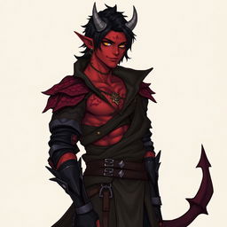 A male tiefling battle warlock character in a relaxed cocky stance, sporting a confident smirk