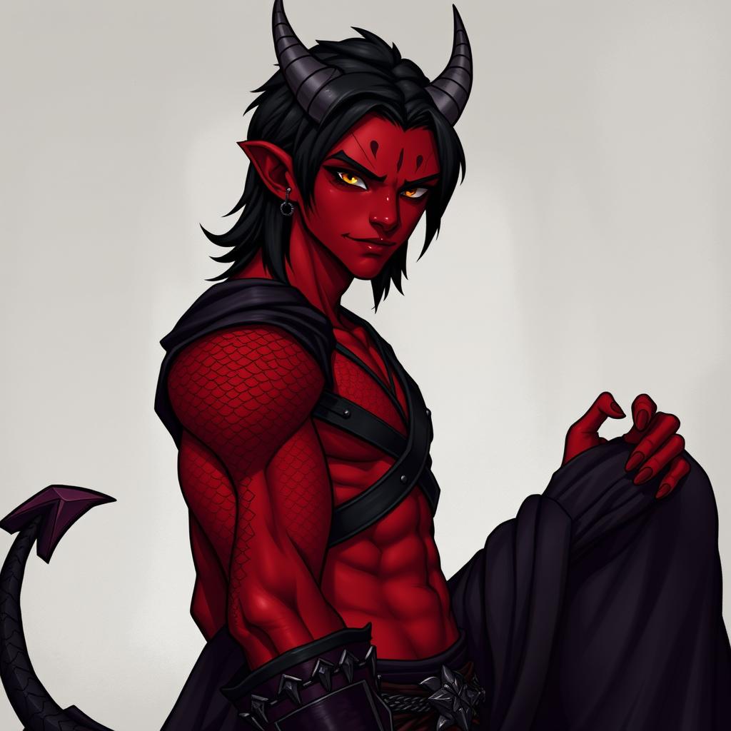A male tiefling battle warlock character in a relaxed cocky stance, sporting a confident smirk