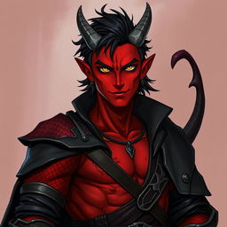 A male tiefling battle warlock character in a relaxed cocky stance, sporting a confident smirk