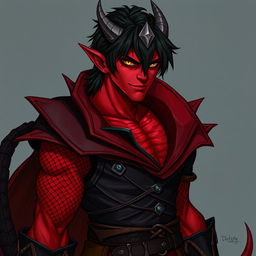 A male tiefling battle warlock character in a relaxed cocky stance, sporting a confident smirk
