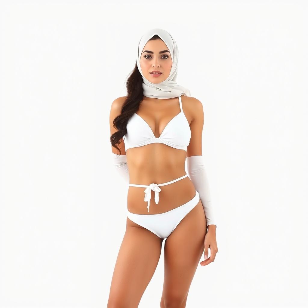 A full-body portrait of a Persian woman wearing a chic white bikini and a stylish hijab, confidently posed against a pristine white background