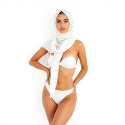 A full-body portrait of a Persian woman wearing a chic white bikini and a stylish hijab, confidently posed against a pristine white background