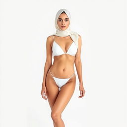A full-body portrait of a Persian woman wearing a chic white bikini and a stylish hijab, confidently posed against a pristine white background
