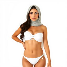 A full-body portrait of a Persian woman wearing a chic white bikini and a stylish hijab, confidently posed against a pristine white background