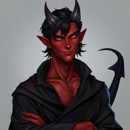 A realistic male tiefling battle warlock character in a relaxed cocky stance, featuring a charming smirk