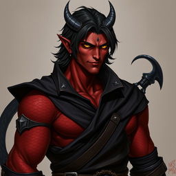 A realistic male tiefling battle warlock character in a relaxed cocky stance, featuring a charming smirk