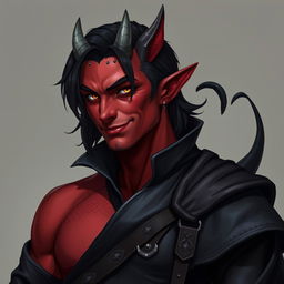 A realistic male tiefling battle warlock character in a relaxed cocky stance, featuring a charming smirk