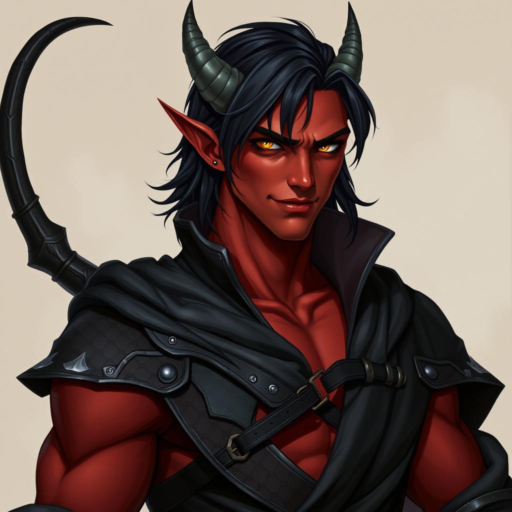 A realistic male tiefling battle warlock character in a relaxed cocky stance, featuring a charming smirk