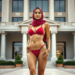 A full-body portrait of a Persian woman wearing a stylish bikini and a fashionable hijab, confidently posed against a backdrop that reflects elements of a government building, featuring classic architecture and elegant lines