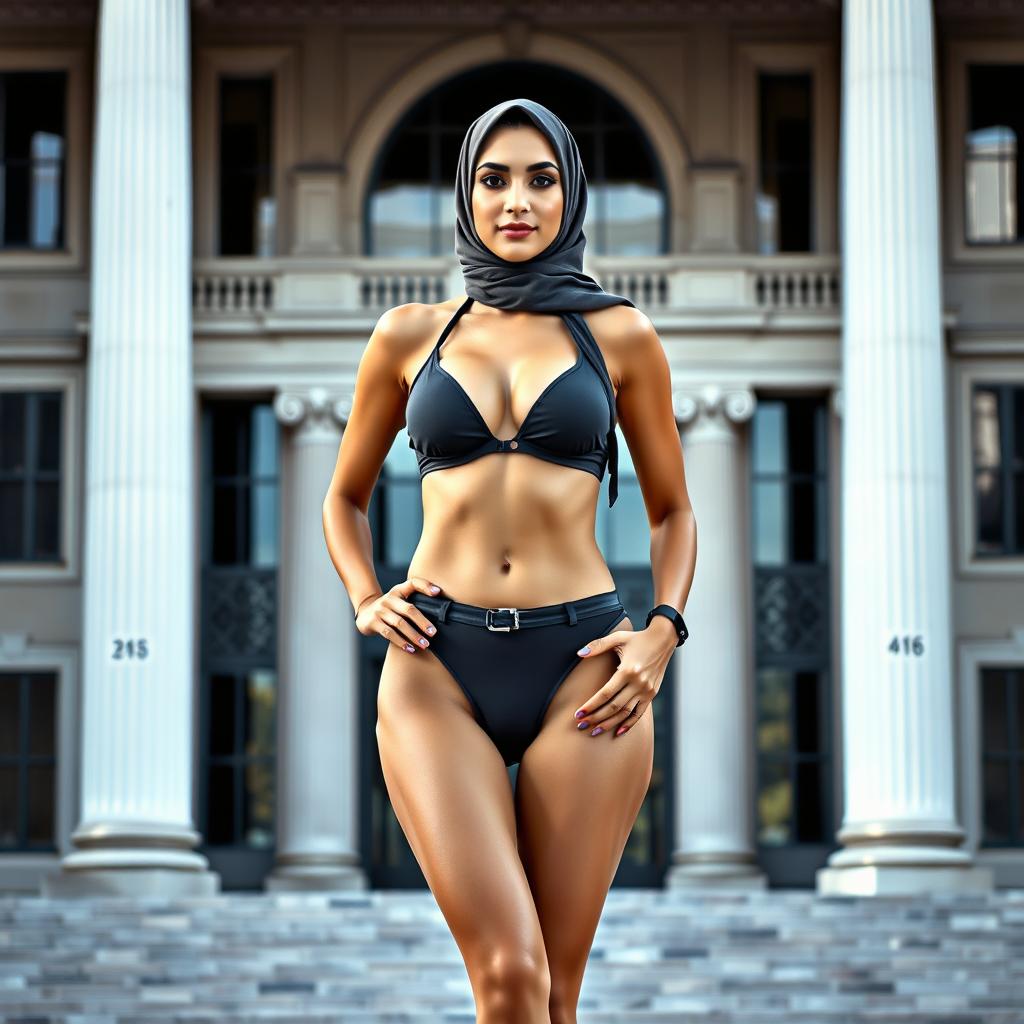 A full-body portrait of a Persian woman wearing a stylish bikini and a fashionable hijab, confidently posed against a backdrop that reflects elements of a government building, featuring classic architecture and elegant lines