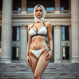 A full-body portrait of a Persian woman wearing a stylish bikini and a fashionable hijab, confidently posed against a backdrop that reflects elements of a government building, featuring classic architecture and elegant lines