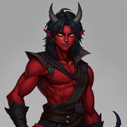 A realistic male tiefling battle warlock character depicted in a relaxed yet confident stance, featuring a charming smirk