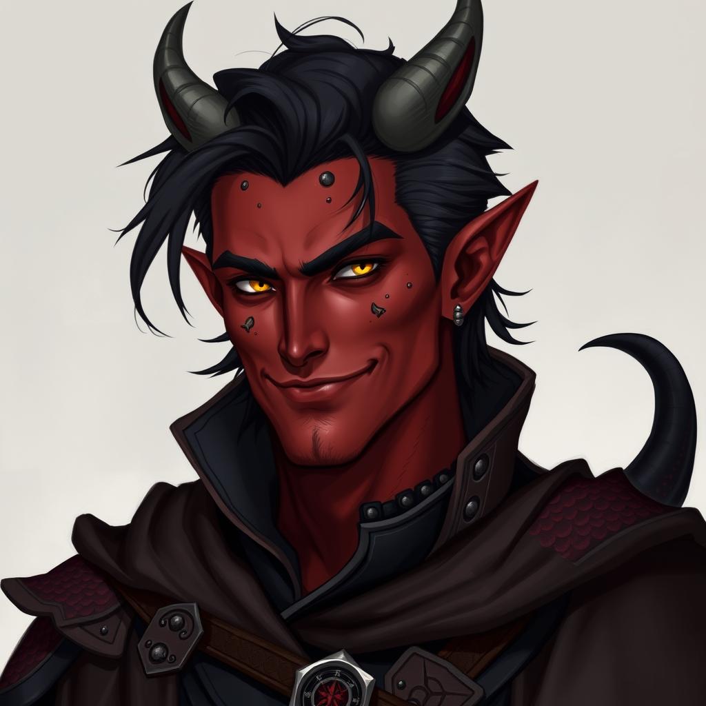 A realistic male tiefling battle warlock character depicted in a relaxed yet confident stance, featuring a charming smirk