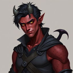 A realistic male tiefling battle warlock character depicted in a relaxed yet confident stance, featuring a charming smirk