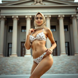 A full-body portrait of a Persian woman wearing a stylish bikini paired with a fashionable hijab, confidently posed against an impressive government building backdrop