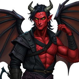 A realistic male tiefling battle warlock character in a relaxed cocky stance, featuring a confident smirk