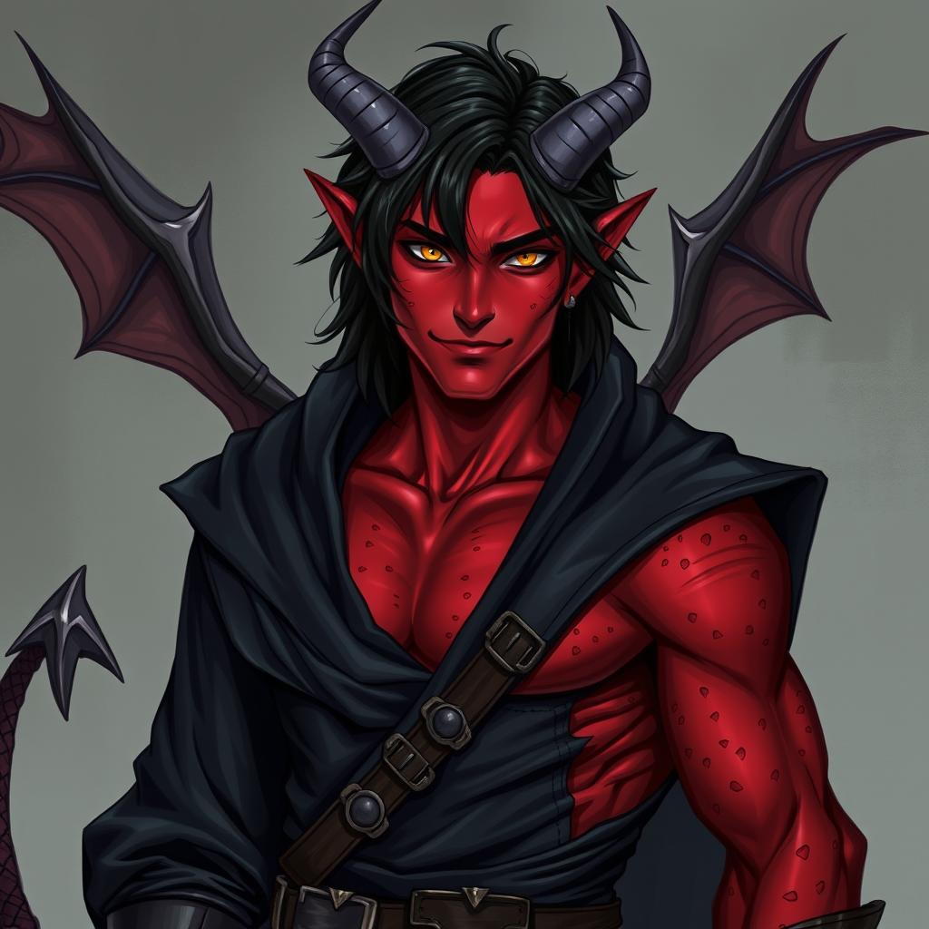 A realistic male tiefling battle warlock character in a relaxed cocky stance, featuring a confident smirk