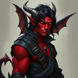 A realistic male tiefling battle warlock character in a relaxed cocky stance, featuring a confident smirk