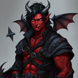 A realistic male tiefling battle warlock character in a relaxed cocky stance, featuring a confident smirk