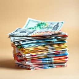 A close-up view of a stack of various international banknotes, artistically arranged to create a colorful and vibrant display