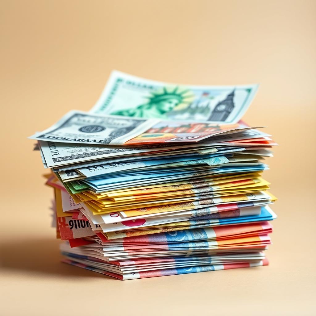 A close-up view of a stack of various international banknotes, artistically arranged to create a colorful and vibrant display