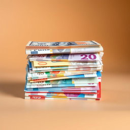A close-up view of a stack of various international banknotes, artistically arranged to create a colorful and vibrant display